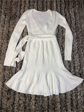 White Long-Sleeve Wrap Knit Dress with Tie Waist